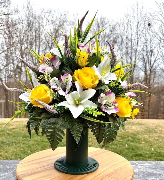 Violet, White & Yellow Cemetery Vase, Grave Decorations, Memorial Flowers, Vase Arrangement