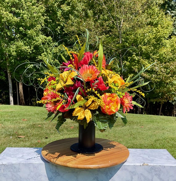 Yellow-Pink-Burgundy Fall Cemetery Vase, Vase Arrangement, Memorial Cemetery Vase, Memorial Flowers, Spring Cemetery Vase, Sympathy Flowers