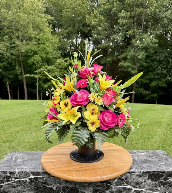 One-of-a-Kind cannot be duplicated Silk Flower Cemetery Vase - Memorial Headstone Arrangement - Grave Decoration