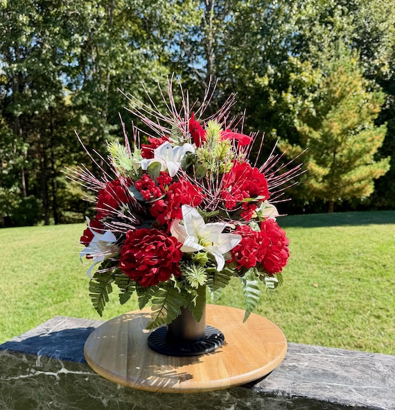 Extra Large Christmas Cardinal Vase Arrangement, Christmas Cemetery Vase Flowers, Vase Arrangement for the Grave, Christmas Grave Vase