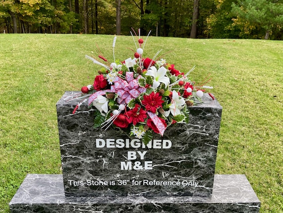 Christmas Cemetery Saddle, Red & White Silk Flowers Headstone Arrangement