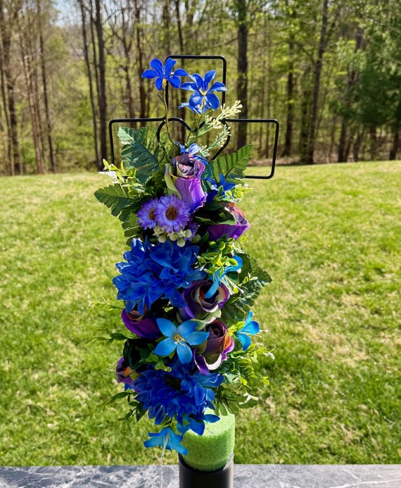 Blue and Purple Multi-Color Silk Flower Cemetery Reusable Cross - Grave Decoration - Memorial Arrangement