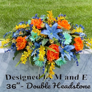 Blue-Orange-Yellow Cemetery Saddle, Flowers for the Cemetery, Memorial Day Saddle, Sympathy Flowers, Cemetery Flowers, Gravesite Flowers