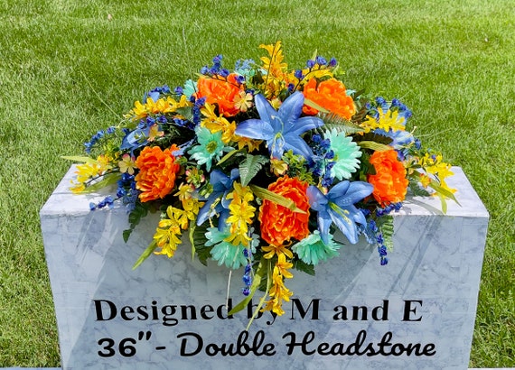 Blue-Orange-Yellow Cemetery Saddle, Flowers for the Cemetery, Memorial Day Saddle, Sympathy Flowers, Cemetery Flowers, Gravesite Flowers