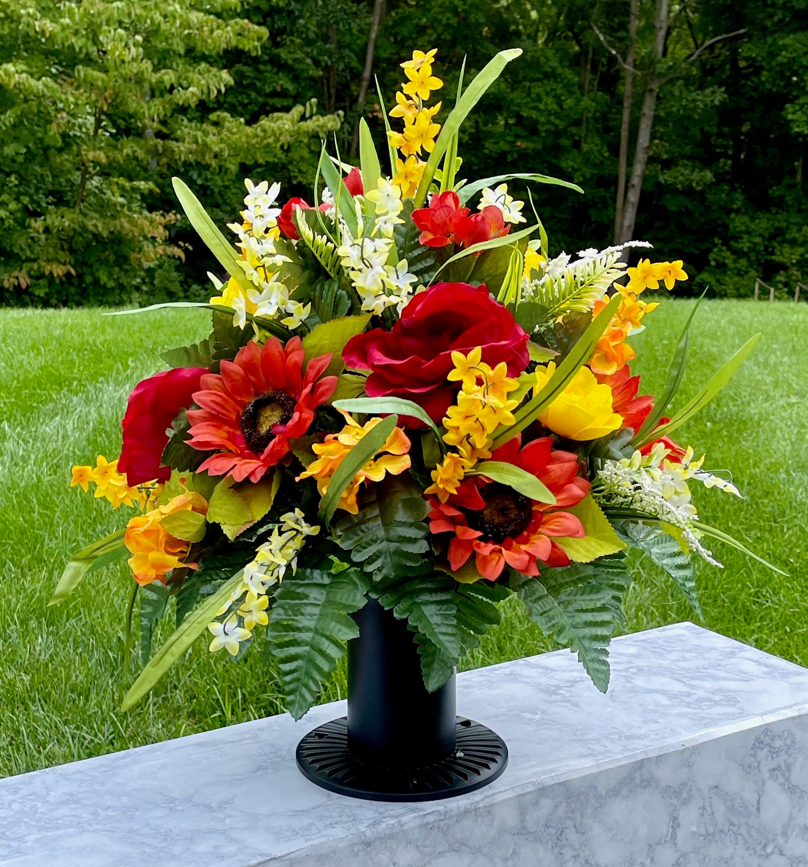 Red, Yellow and White Cemetery Vase, Vase Arrangement, Memorial Cemetery Vase, Memorial Flowers