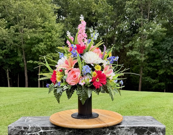 One-of-a-Kind cannot be duplicated Silk Flower Cemetery Vase - Memorial Headstone Arrangement - Grave Decoration