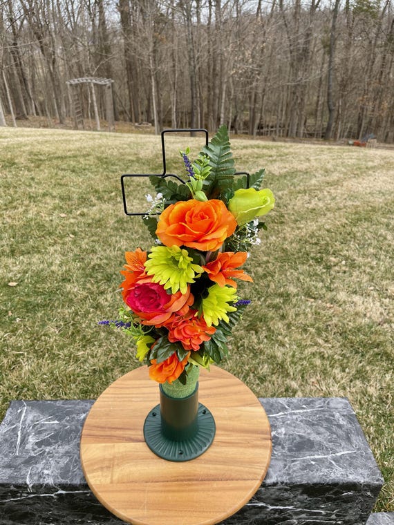 Orange-Greens Silk Flowers on Cross, Cemetery Cross with Heart, 22” Cross Flower Arrangement, Flowers for Cemetery, Memorial Flowers