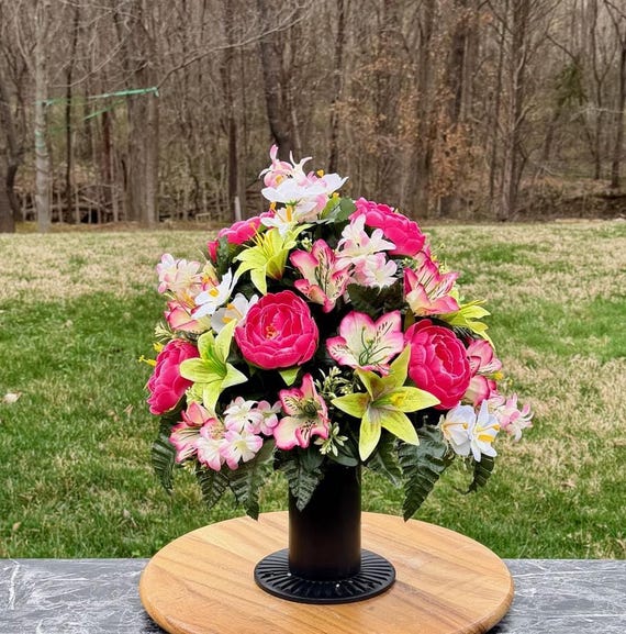 Pink White Green Cemetery Vase Arrangement, Memorial Flowers Silk Bouquet