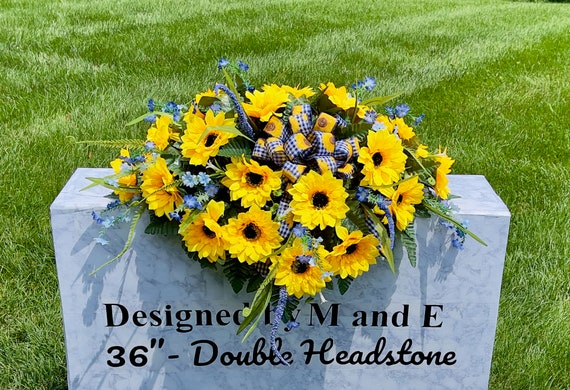 1 Sunflower Bow Yellow Quality Silk Flowers, Cemetery Saddle, Cemetery Flowers, Headstone Saddle, Cemetery Arrangement, Memorial Day Flowers