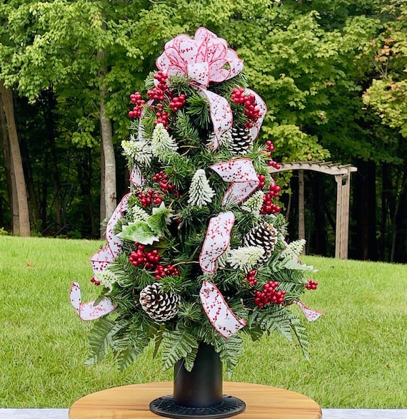Mini Christmas Tree with Solar Lights, Pinecones, Berries, 24" Vase Insert