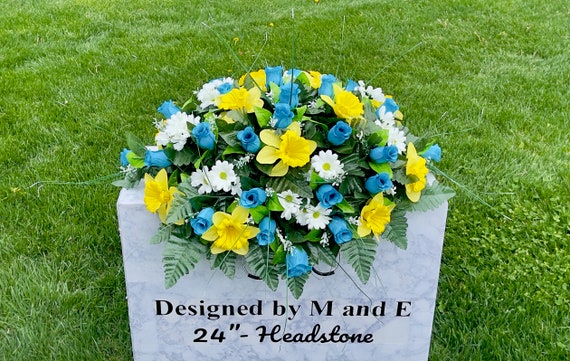 Teal-White-Yellow Single Cemetery Saddle, 22-24” Cemetery Flower Arrangement, Flowers for Cemetery, Memorial Saddle, Sympathy Flowers