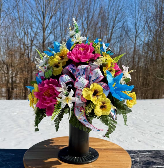 Butterflies in Bright Quality Silk Flower Cemetery Vase Arrangement, Headstone Arrangement, Memorial Flowers