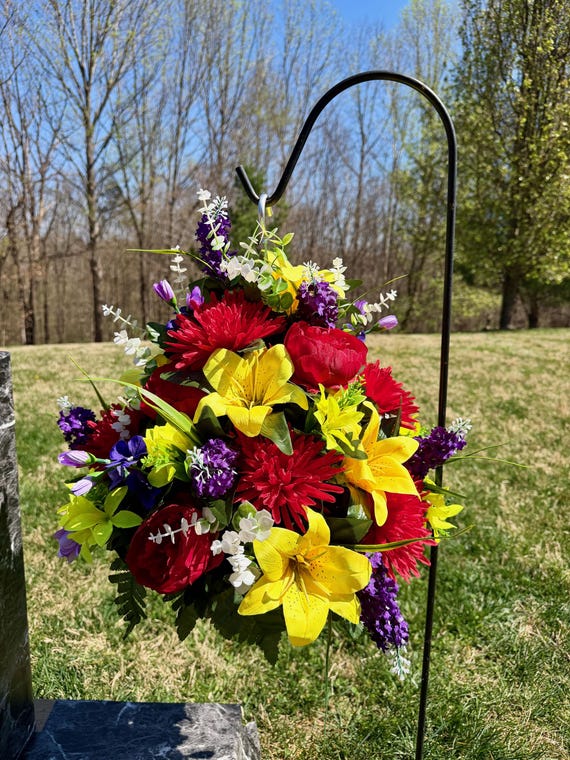 Bright Multi-Color Cemetery Hanging Basket, Grave Decorations, Memorial Flowers