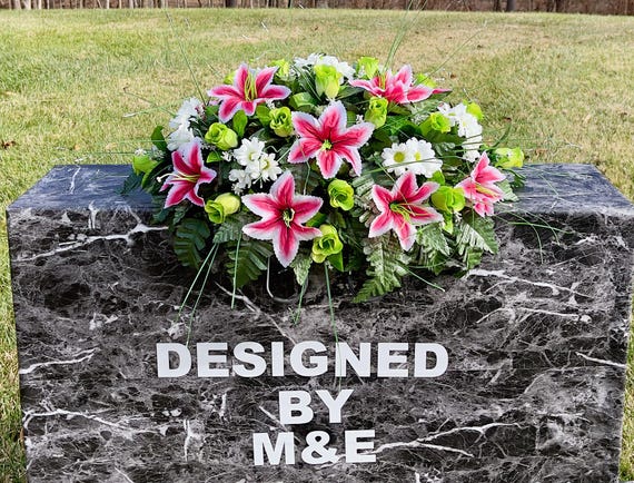 Stargazers, Green and White Flowers Single Headstone Saddle, 22-24” Cemetery Flower Arrangement, Flowers for Cemetery, Memorial Saddle