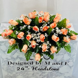 Peach Rose Cemetery Saddle: Single Headstone Memorial Flowers (22-24”)