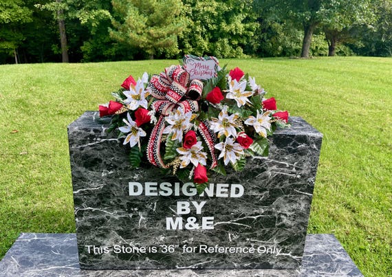 Christmas Cemetery Saddle: Silk Flowers, Merry Christmas Bow