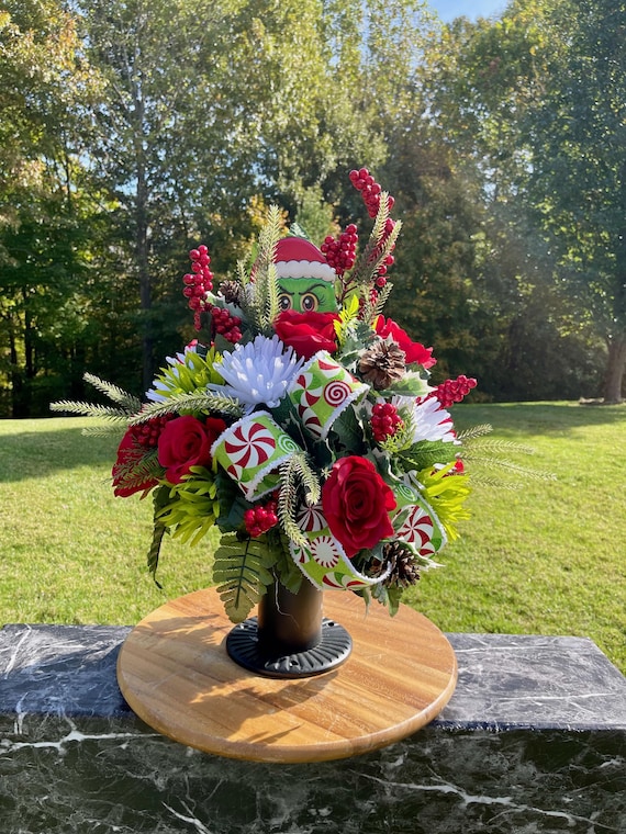 Christmas Cemetery Vase: Likeness of the Grinch with Christmas Candy Bow Memorial Flowers