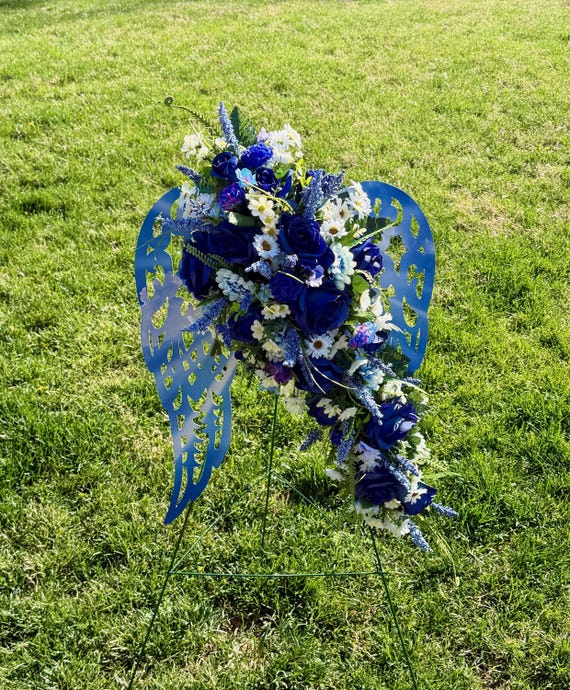 Soft Blue Clouds Angel Wings Cemetery Arrangement, Memorial Flowers, Headstone Decorations,