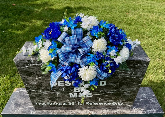 Blue & White Silk Flower Cemetery Saddle with Bow
