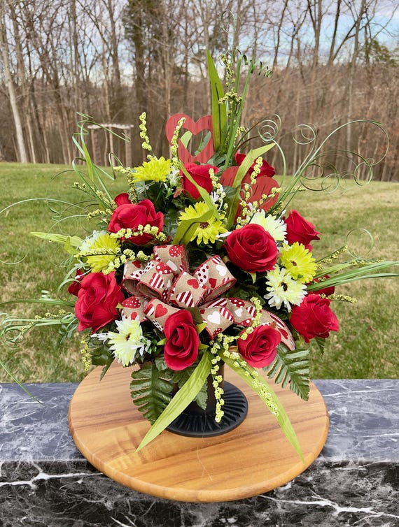 Valentine Hearts with Bow and Green and Red Flowers - Valentine Cemetery Vase, Vase Piece, Headstone Vase Piece
