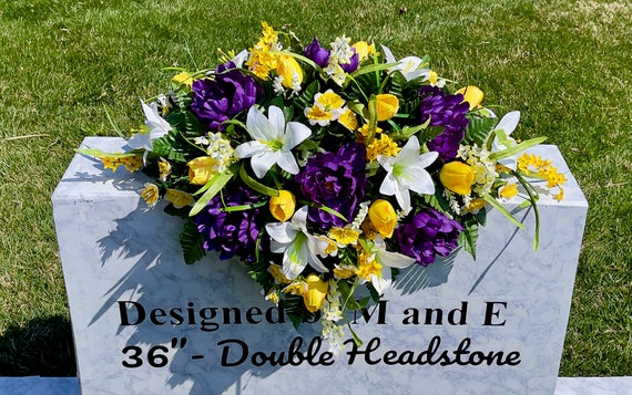 Purple-Yellow-White Quality Silk Flowers, Cemetery Saddle, Cemetery Flowers, Headstone Saddle, Cemetery Arrangement, Memorial Day Flowers