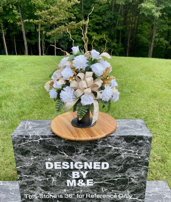 Beautiful Cemetery Vase Arrangement: Gold and White Silk Flowers