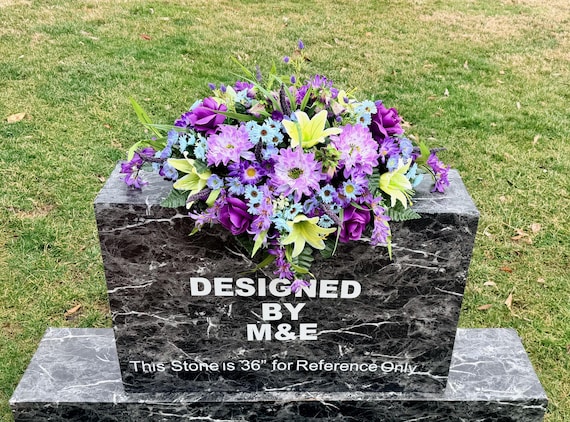 Blue, Yellow and Purple Quality Silk Flowers, Cemetery Saddle, Cemetery Flowers, Headstone Saddle, Cemetery Arrangement, Memorial Day Flower