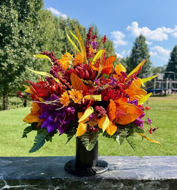 Orange Yellow Purple Cemetery Vase Arrangement: Fall Memorial Flowers
