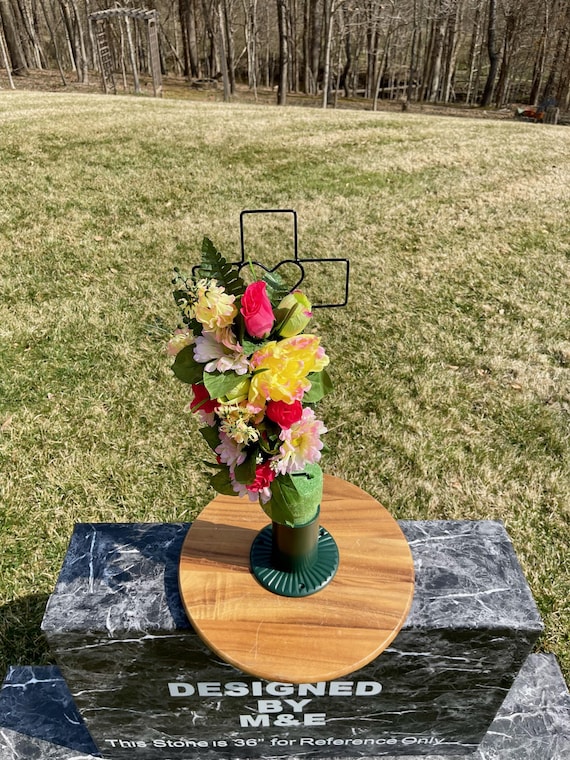 Green-Yellow-Pink Silk Flowers on Cross, Cemetery Cross with Heart, 22” Cross Flower Arrangement, Flowers for Cemetery, Memorial Flowers
