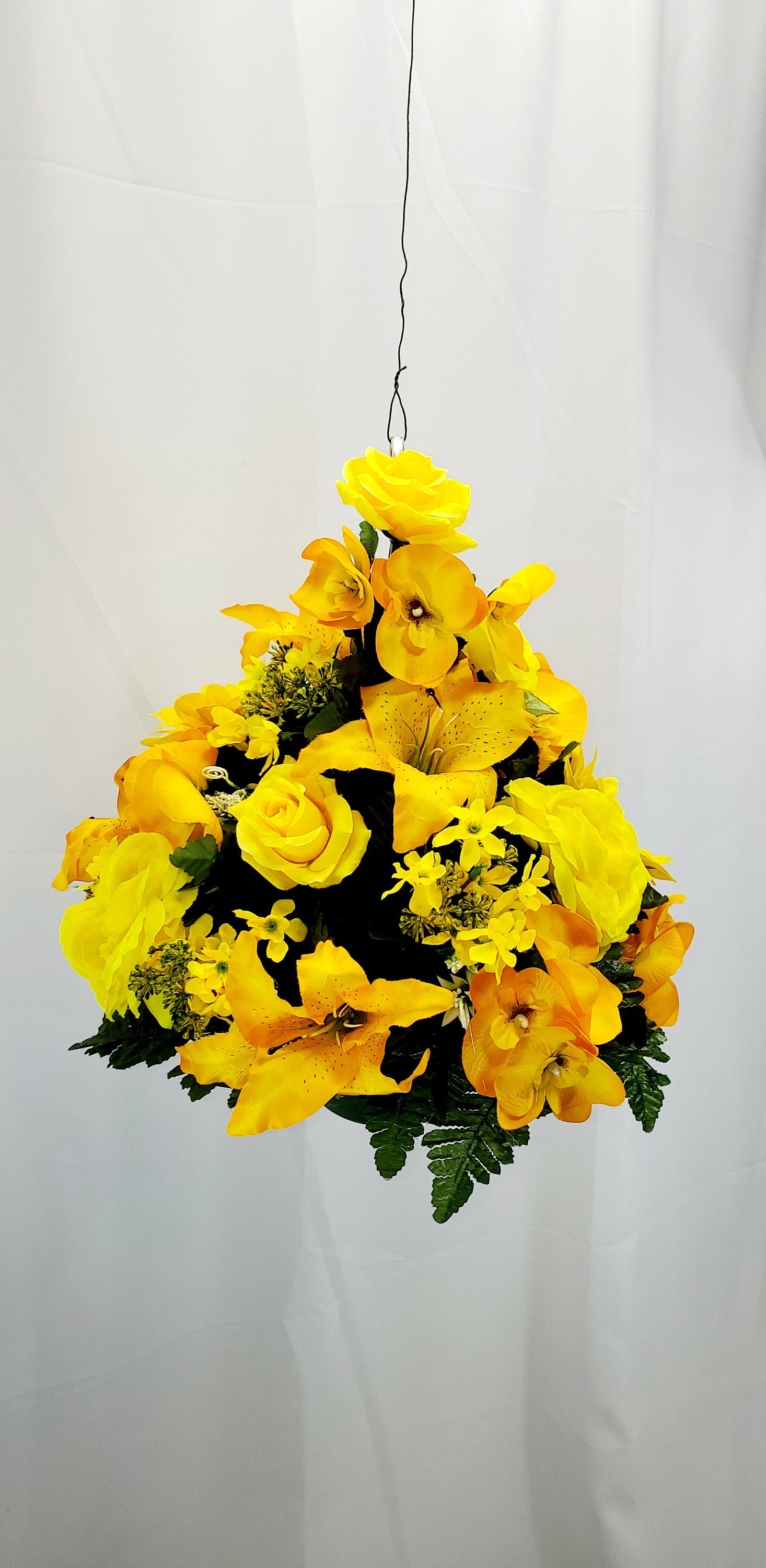 1 Yellow Hanging Basket for Shepherd Hook, Cemetery Hanging Basket,Memorial Flowers, Grave