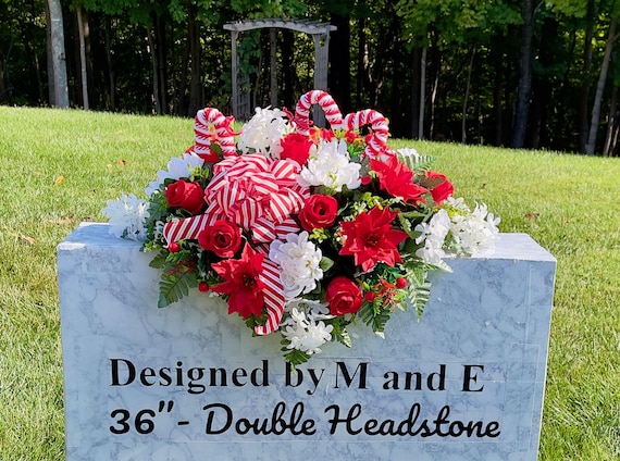 Candy Cane Christmas Cemetery Saddle, Headstone Flowers
