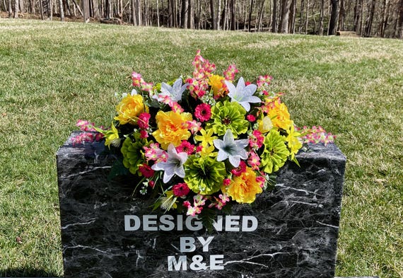 Yellow-Green-Pink Quality Silk Flowers, Cemetery Saddle, Cemetery Flowers, Headstone Saddle, Cemetery Arrangement, Memorial Day Flower