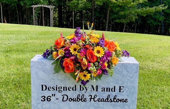 Fall Purple-Yellow-Orange Cemetery Saddle, Flowers for the Cemetery, Memorial Saddle, Sympathy Flowers, Cemetery Flowers, Gravesite Flowers