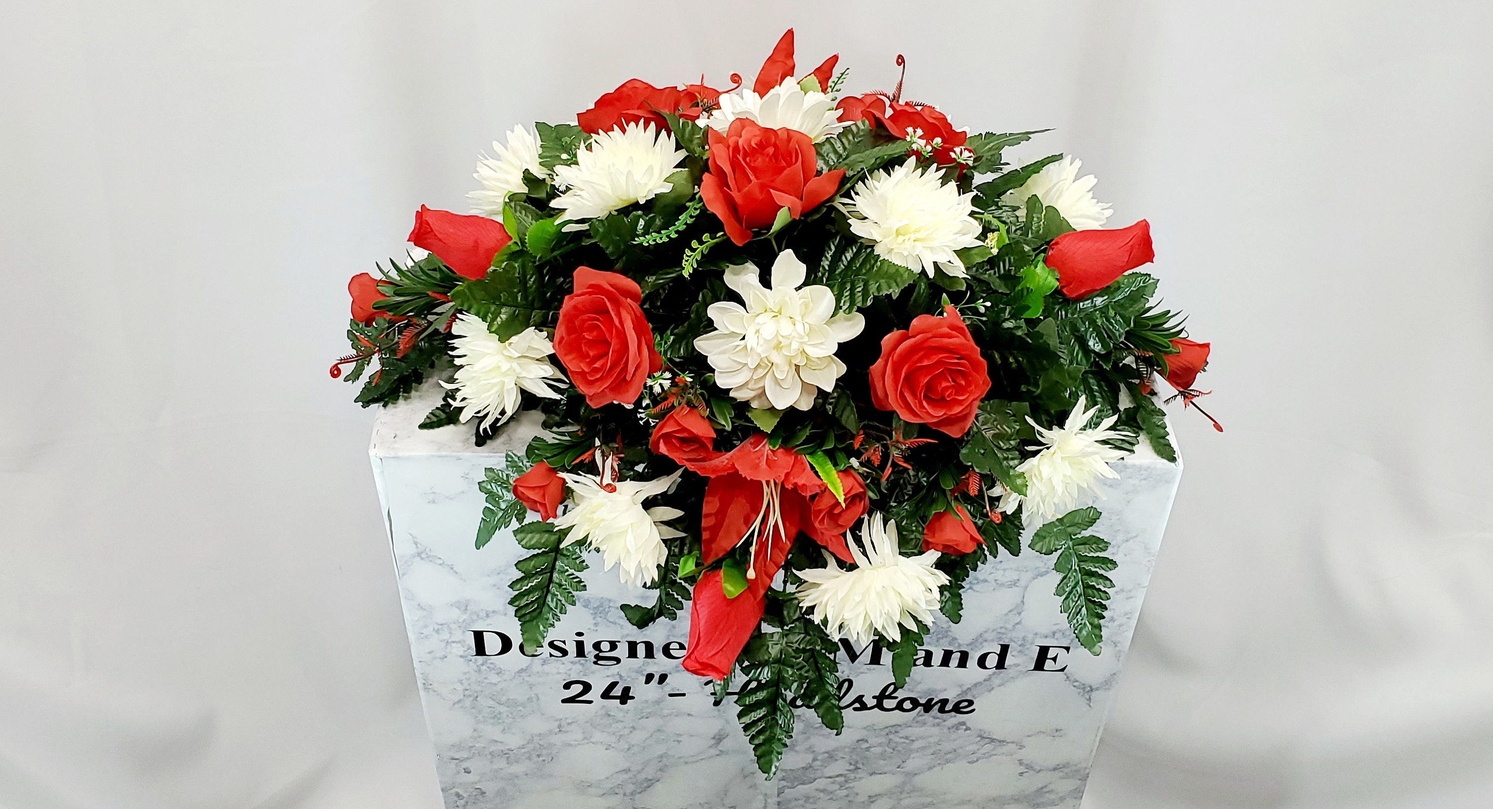 Red and White Cemetery Saddle, Cemetery Flowers, Headstone Saddle