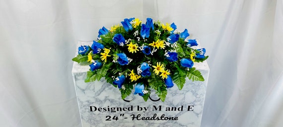 Blue and Yellow 22"-24" Cemetery Saddle, Cemetery Arrangement, Flowers for Cemetery, Memorial Saddle, Sympathy Flowers, Headstone