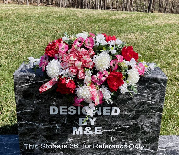 Red-White-Pink with Bow Cemetery Saddle, Flowers for Cemetery, Memorial Day Saddle, Sympathy Flowers, Cemetery Flowers, Gravesite Flowers