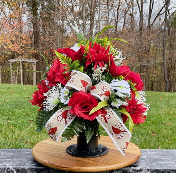 Redbird and Bow Christmas Cemetery Vase Piece, Vase, Memorial Cemetery Vase, Memorial Flowers, Memorial Day Cemetery Vase, Sympathy Flowers