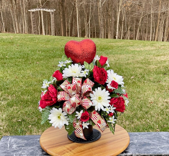 Big Red Heart Valentine with Bow - Valentine Cemetery Vase, Vase Piece, Headstone Vase Piece