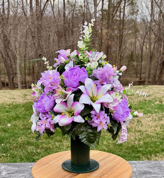 Violets and Whites Cemetery Vase Arrangement, Headstone Arrangement, Memorial Flowers