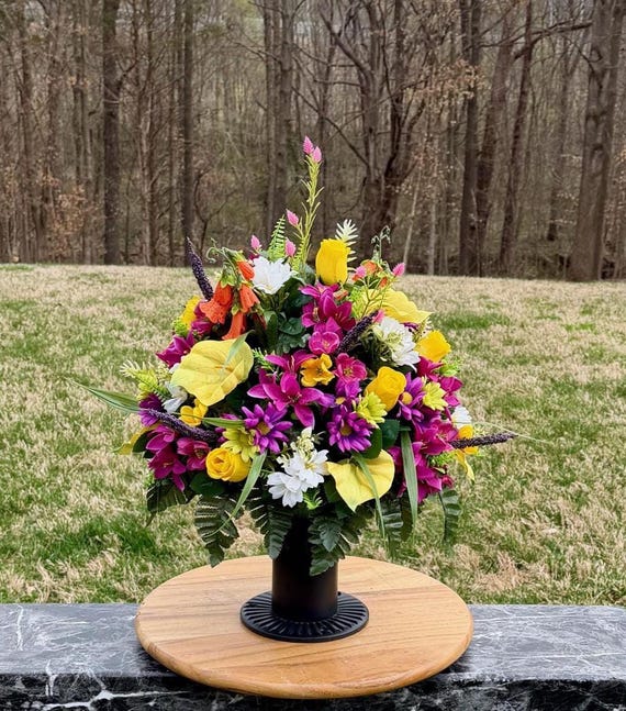 Pink, Yellow, Orange and White Cemetery Vase Arrangement, Headstone Arrangement, Memorial Flowers