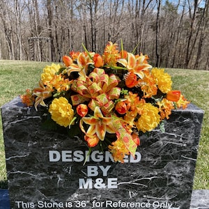 Orange-Yellow with Bow Cemetery Saddle, Flowers for the Cemetery, Memorial Day Saddle, Sympathy Flowers, Cemetery Flowers, Gravesite Flowers