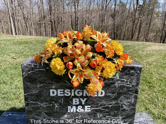 Orange-Yellow with Bow Cemetery Saddle, Flowers for the Cemetery, Memorial Day Saddle, Sympathy Flowers, Cemetery Flowers, Gravesite Flowers