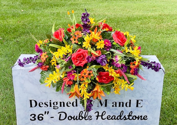 Orange-Yellow-Purple Quality Silk Flowers in Cemetery Saddle, Flowers for the Cemetery, Memorial Day Saddle, Sympathy Flowers