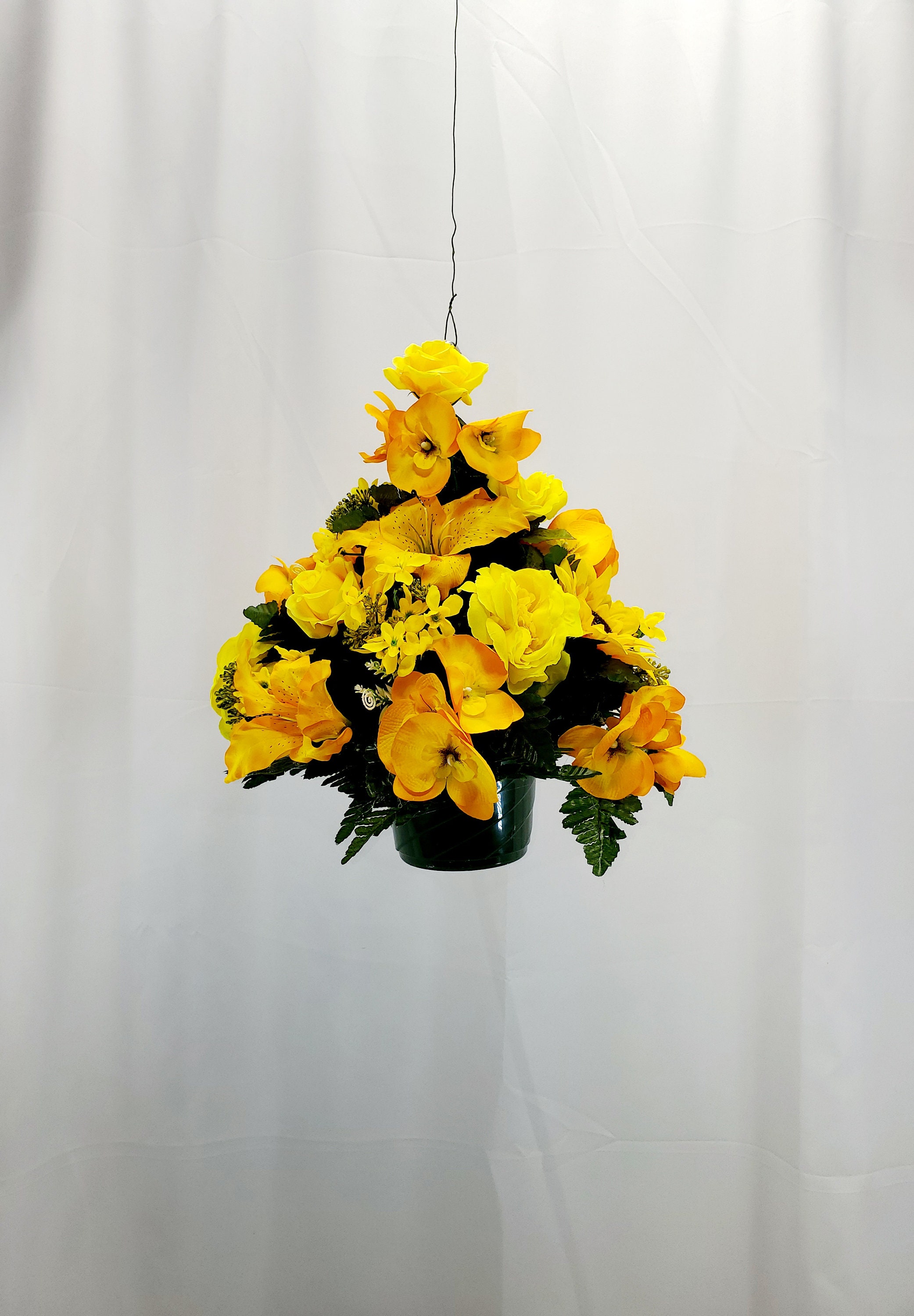 1 Yellow Hanging Basket for Shepherd Hook, Cemetery Hanging Basket,Memorial Flowers, Grave