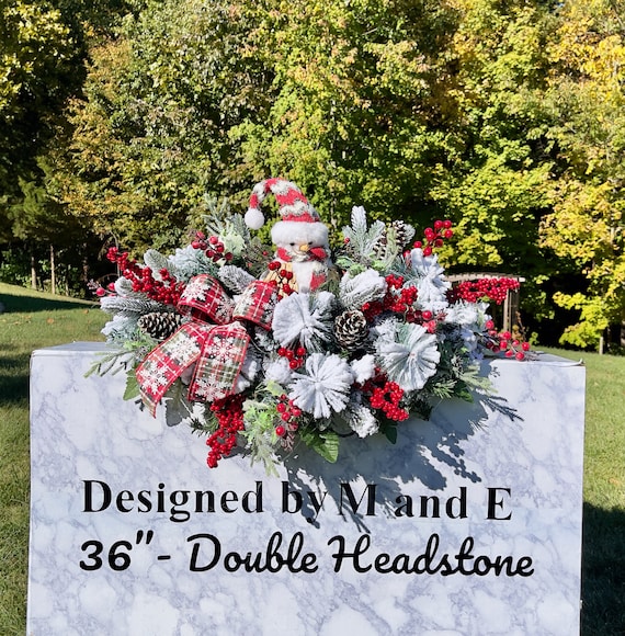 Snowman Red and White Christmas Cemetery Saddle, Christmas Cemetery Flowers, Headstone Saddle Arrangement, Christmas Headstone Saddle
