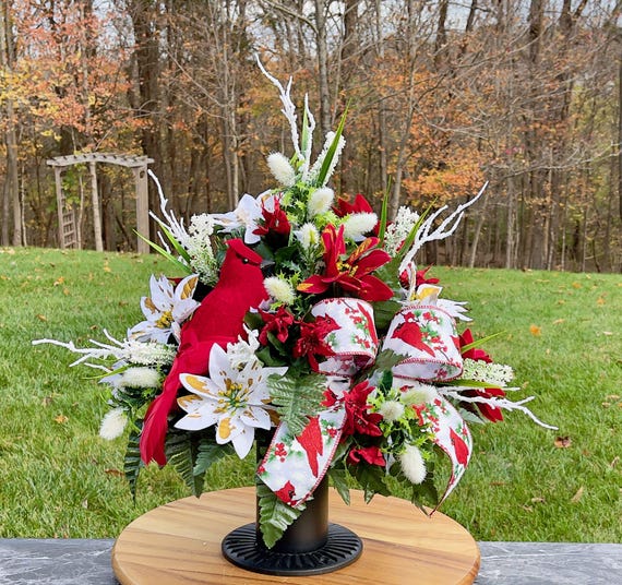 Large Redbird/Cardinal with Bow in Christmas Cemetery Vase, Winter Headstone Decorations, Cemetery Flowers, Grave Holiday Arrangement
