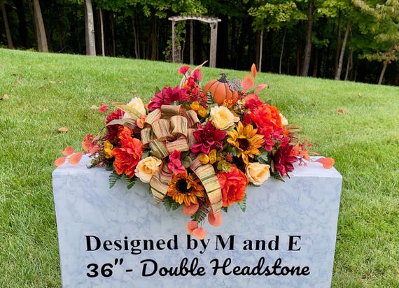 Fall Bow and Pumpkin Cemetery Saddle, Flowers for the Cemetery, Memorial Day Saddle, Sympathy Flowers, Cemetery Flowers, Gravesite Flowers