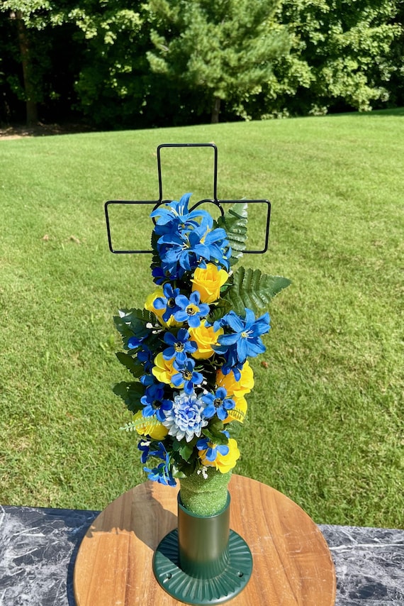 Silk Cemetery Cross Flower Arrangement: Blues and Yellow Memorial