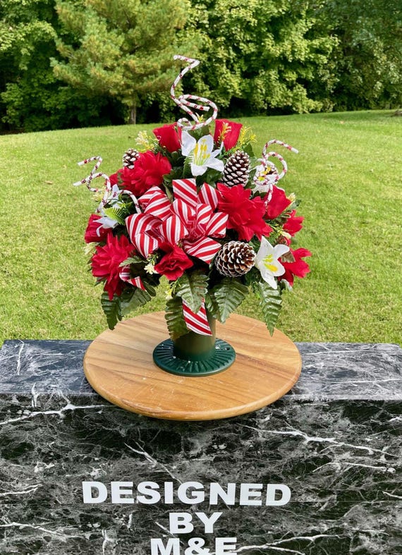 Christmas Cemetery Vase: Swirls with Bow with Berries Memorial Flowers
