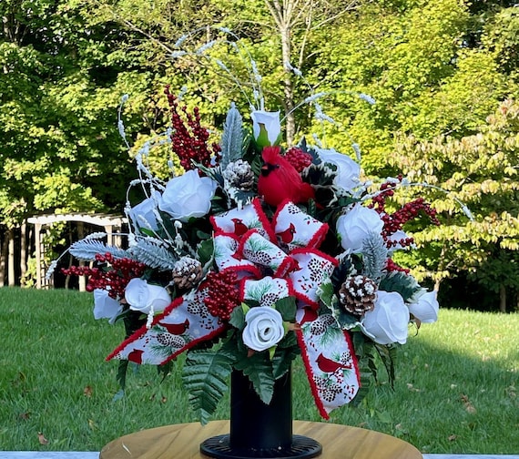 Cardinal Christmas Cemetery Vase Arrangement, Red Bird Memorial Flowers